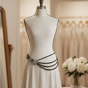 St. John Black Beads Multi-Strand Chain Belt with Decorative Buckle